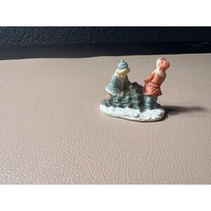 Christmas Village Resin Figurine Children Pulling Christmas Tree